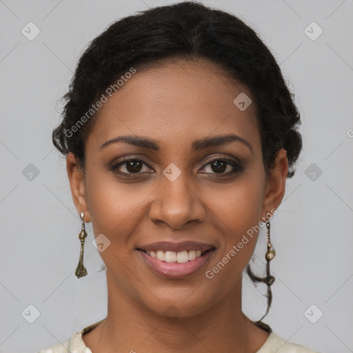 Joyful latino young-adult female with short  brown hair and brown eyes