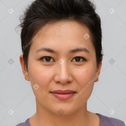 Joyful asian young-adult female with short  brown hair and brown eyes