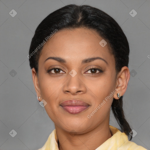 Joyful latino young-adult female with short  black hair and brown eyes