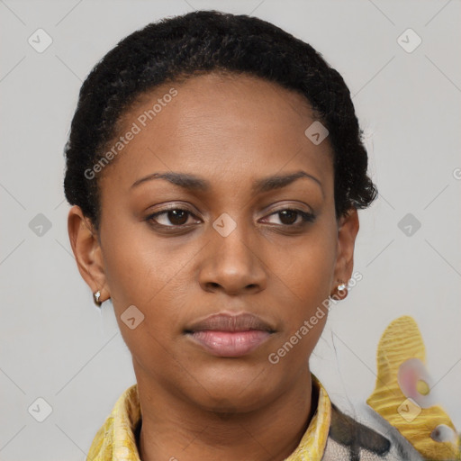 Neutral black young-adult female with short  brown hair and brown eyes