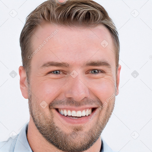 Joyful white young-adult male with short  brown hair and brown eyes