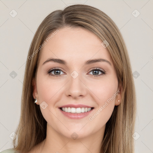 Joyful white young-adult female with long  brown hair and grey eyes