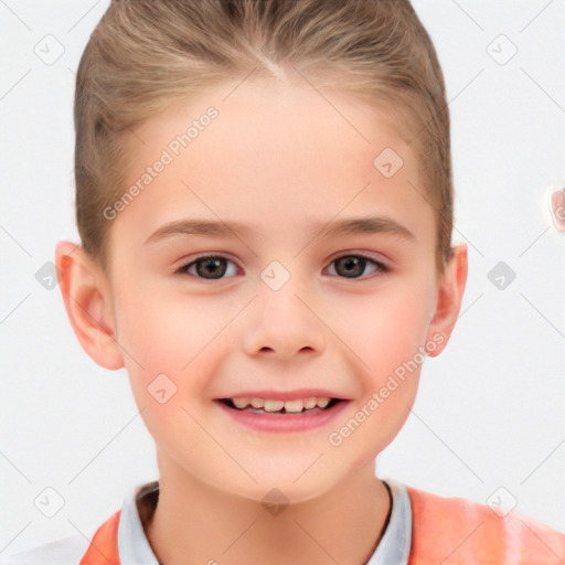 Joyful white child female with short  brown hair and brown eyes