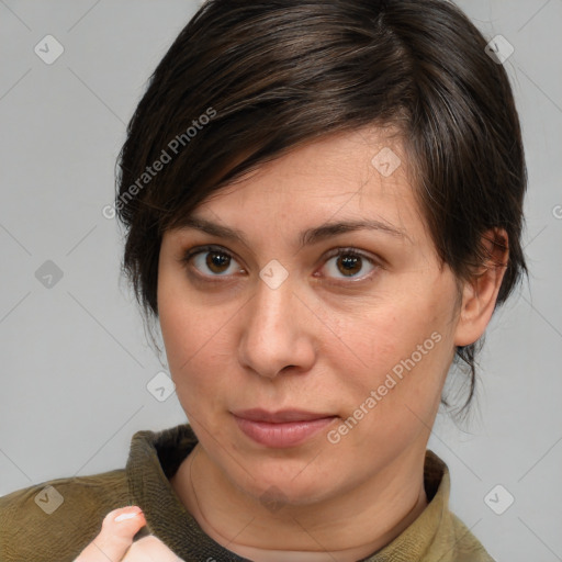 Joyful white young-adult female with medium  brown hair and brown eyes