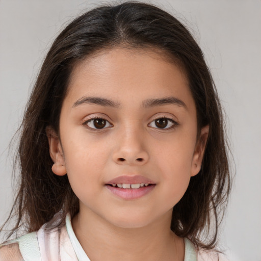 Joyful white child female with medium  brown hair and brown eyes