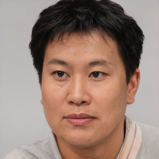 Neutral asian adult male with short  brown hair and brown eyes