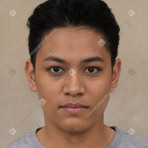 Neutral latino young-adult female with short  black hair and brown eyes