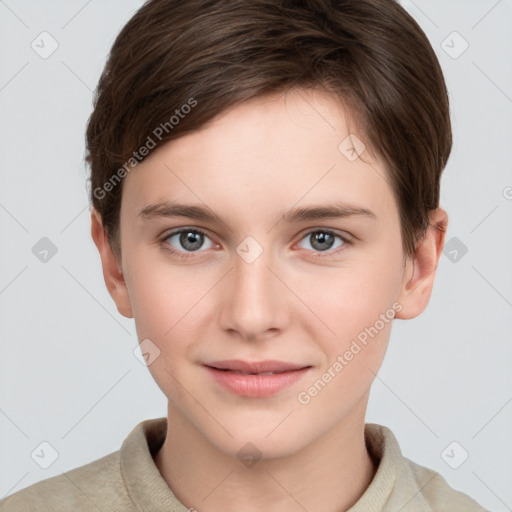 Joyful white young-adult female with short  brown hair and grey eyes