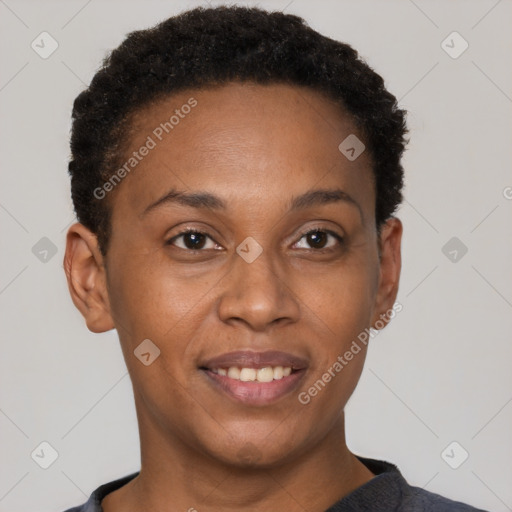 Joyful latino young-adult female with short  black hair and brown eyes