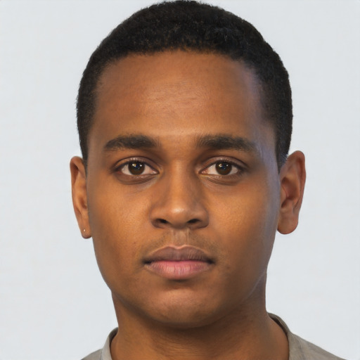 Neutral black young-adult male with short  black hair and brown eyes