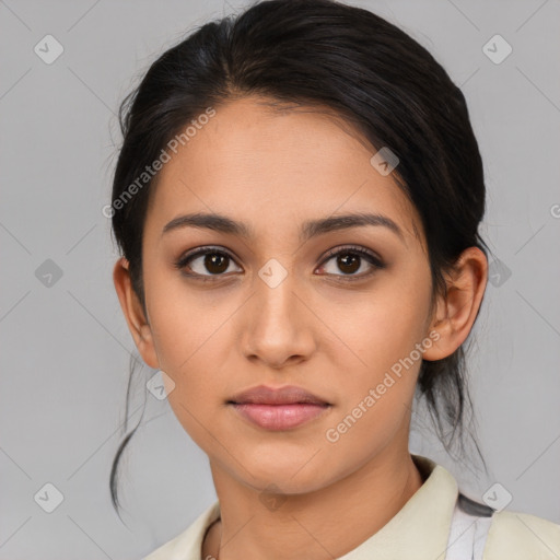 Neutral asian young-adult female with medium  brown hair and brown eyes