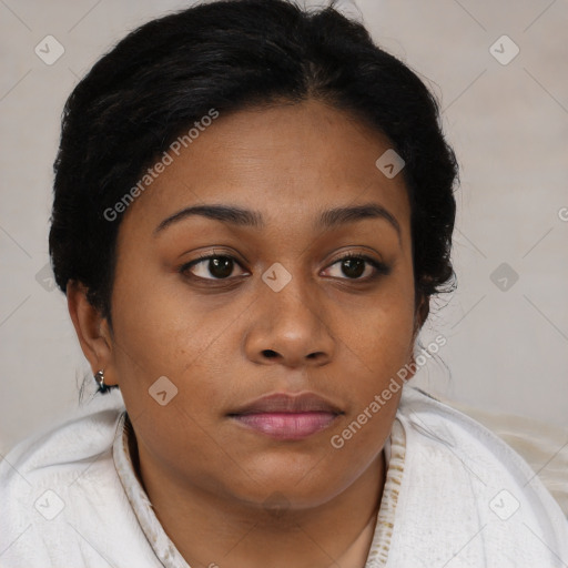 Joyful black young-adult female with medium  brown hair and brown eyes