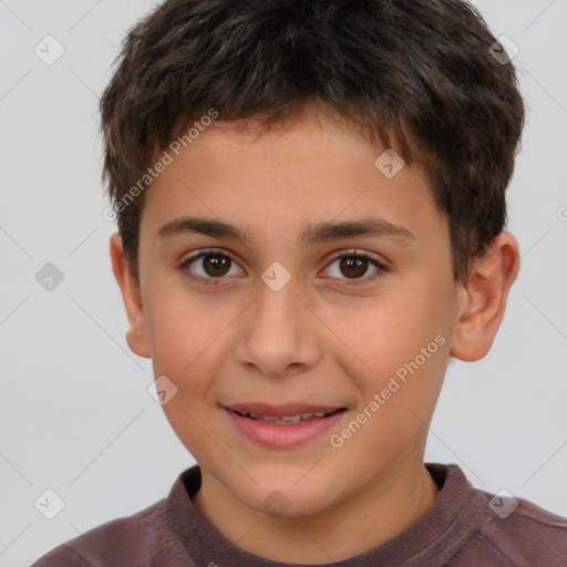 Joyful white child male with short  brown hair and brown eyes