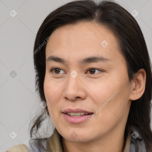 Joyful white young-adult female with medium  brown hair and brown eyes