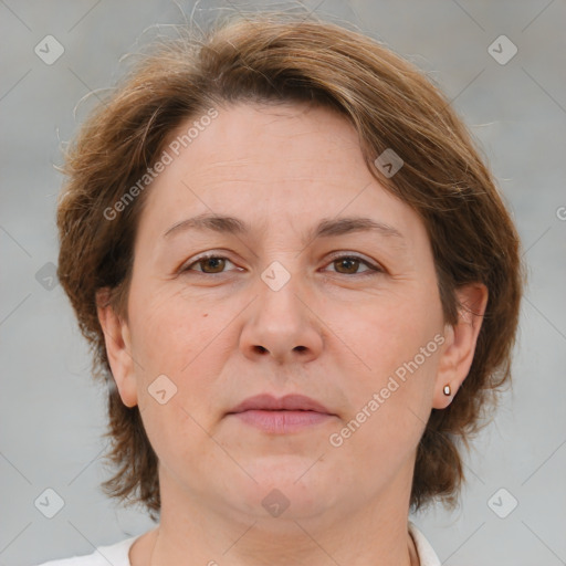 Neutral white adult female with medium  brown hair and brown eyes