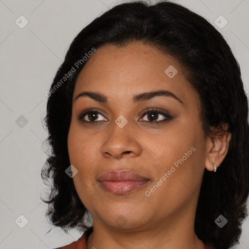 Joyful latino young-adult female with medium  black hair and brown eyes