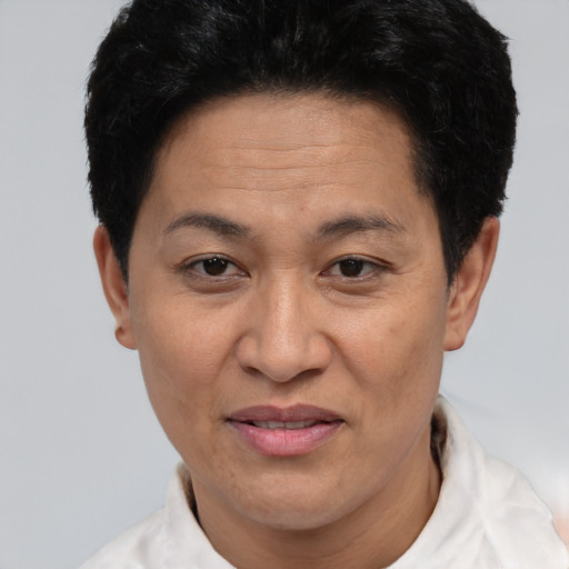 Joyful white adult female with short  brown hair and brown eyes