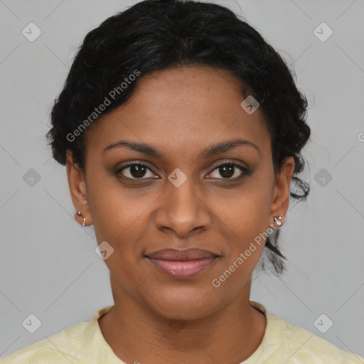 Joyful latino young-adult female with short  brown hair and brown eyes