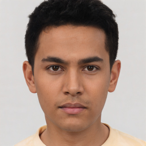 Neutral asian young-adult male with short  black hair and brown eyes