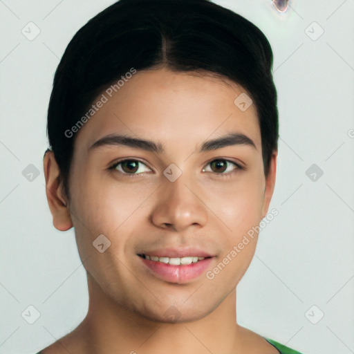 Joyful white young-adult female with short  brown hair and brown eyes