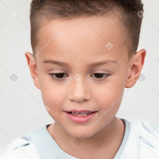 Joyful white child female with short  brown hair and brown eyes