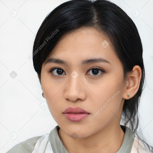 Neutral asian young-adult female with medium  black hair and brown eyes