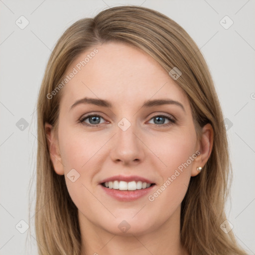 Joyful white young-adult female with long  brown hair and grey eyes