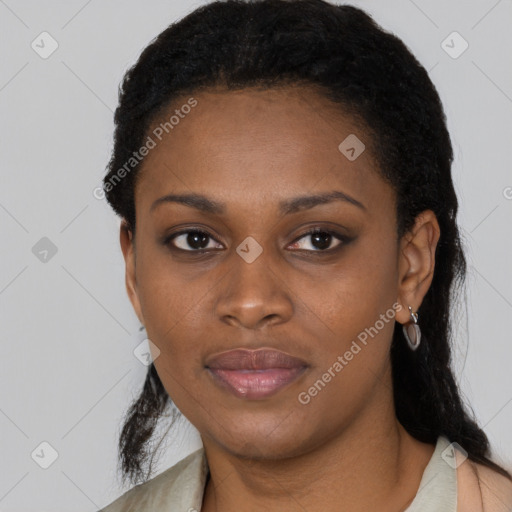 Neutral black young-adult female with short  black hair and brown eyes