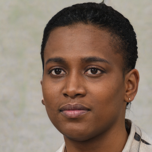 Neutral black young-adult female with short  black hair and brown eyes