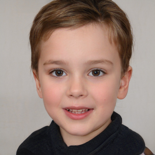 Joyful white child female with short  brown hair and brown eyes