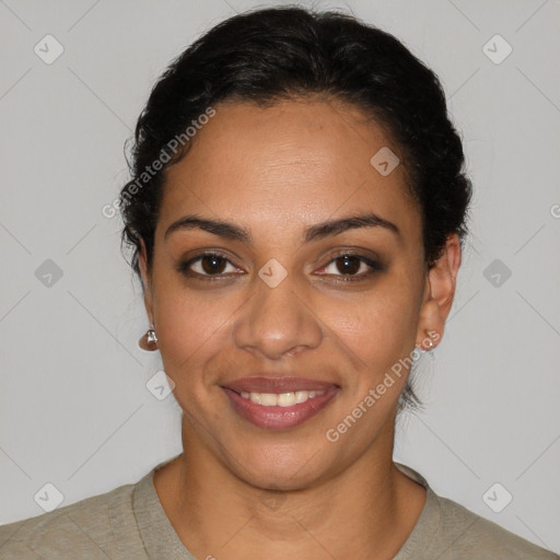 Joyful latino young-adult female with short  black hair and brown eyes