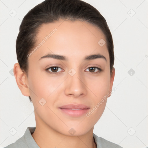 Neutral white young-adult female with short  brown hair and brown eyes