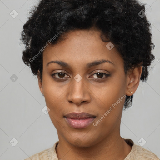 Neutral black young-adult female with short  black hair and brown eyes