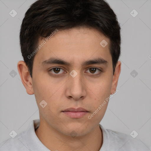 Neutral white young-adult male with short  brown hair and brown eyes