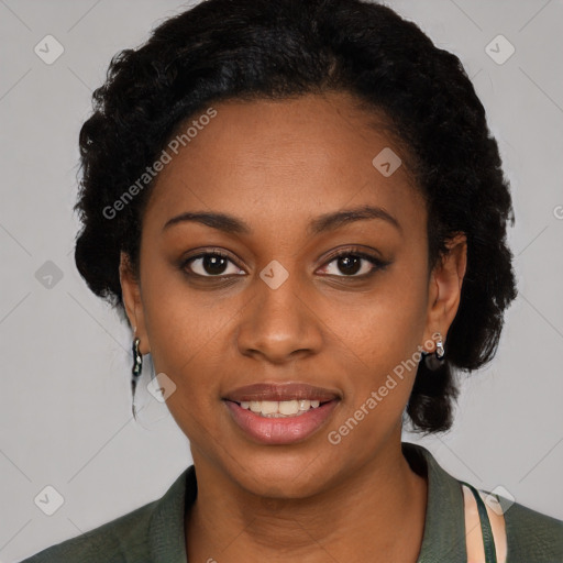 Joyful black young-adult female with medium  black hair and brown eyes