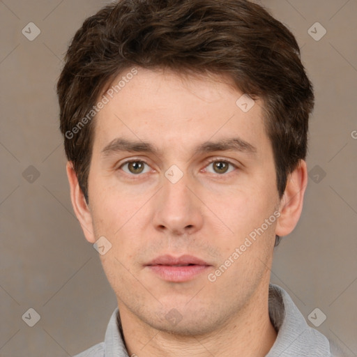 Neutral white young-adult male with short  brown hair and brown eyes