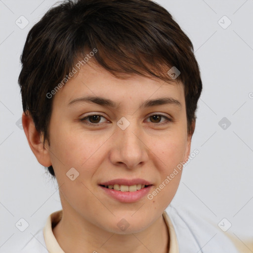 Joyful white young-adult female with short  brown hair and brown eyes