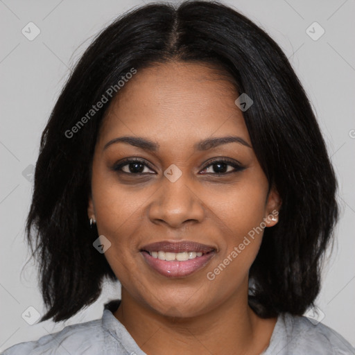 Joyful black young-adult female with medium  black hair and brown eyes