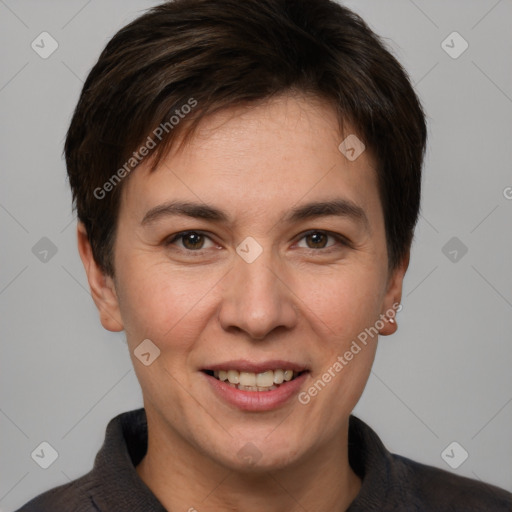 Joyful white young-adult female with short  brown hair and brown eyes