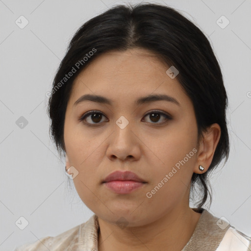 Neutral asian young-adult female with medium  black hair and brown eyes