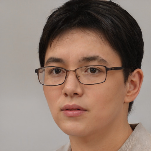Neutral asian young-adult female with medium  brown hair and brown eyes