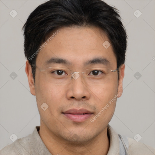 Joyful asian young-adult male with short  brown hair and brown eyes