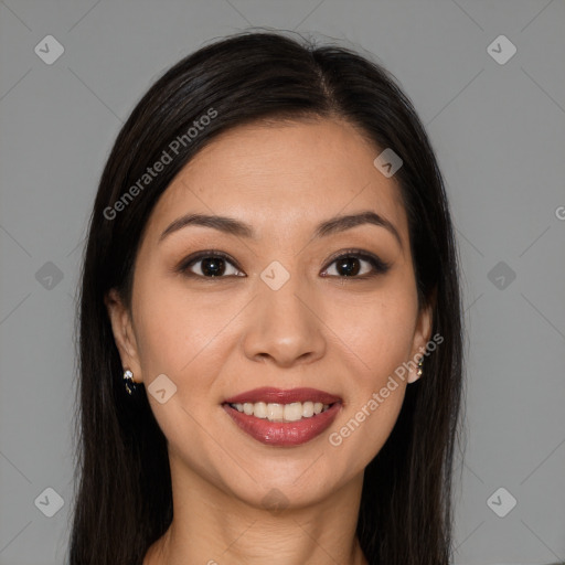 Joyful white young-adult female with long  brown hair and brown eyes