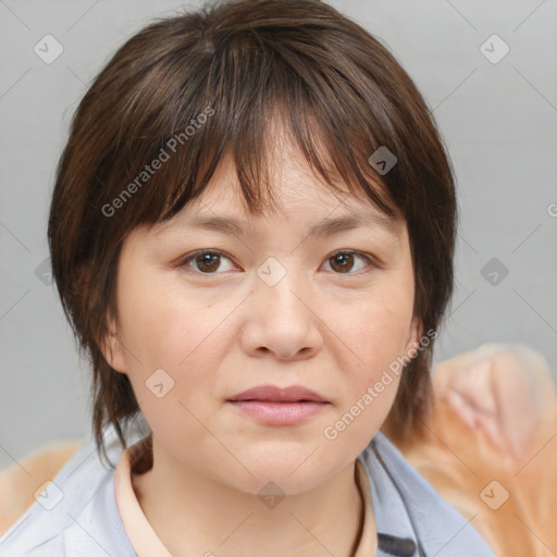 Neutral white young-adult female with medium  brown hair and brown eyes