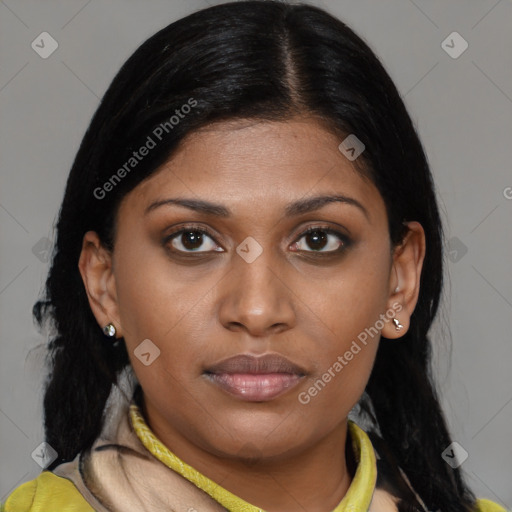 Joyful latino young-adult female with medium  brown hair and brown eyes