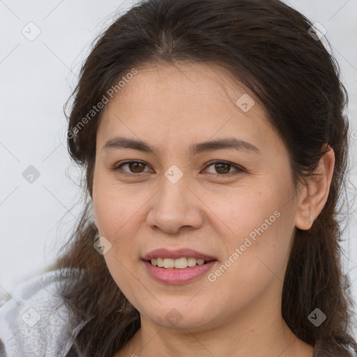 Joyful white young-adult female with medium  brown hair and brown eyes