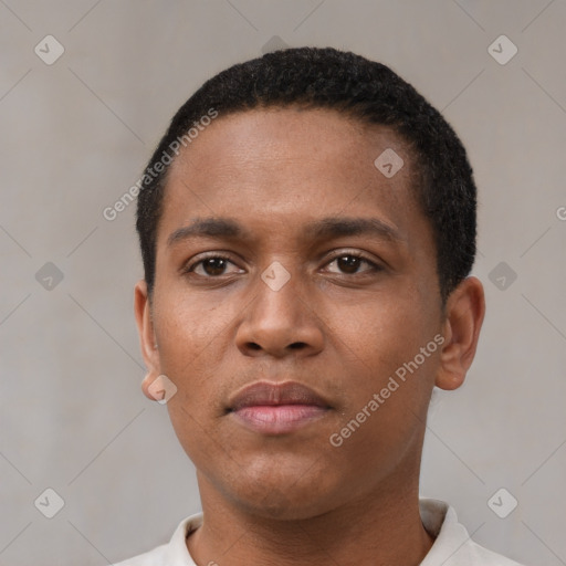 Neutral black young-adult male with short  black hair and brown eyes