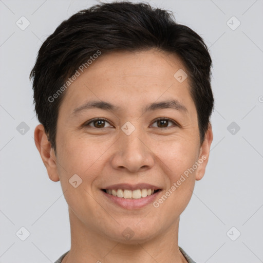 Joyful white young-adult female with short  brown hair and brown eyes