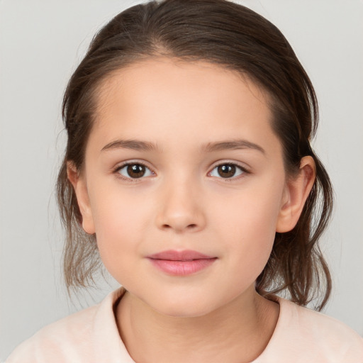 Joyful white child female with medium  brown hair and brown eyes