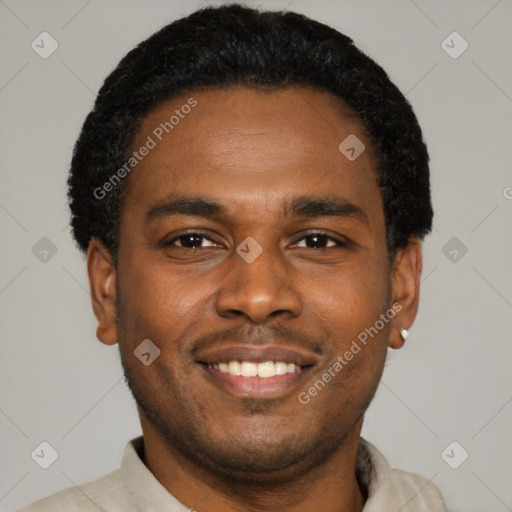 Joyful latino young-adult male with short  black hair and brown eyes